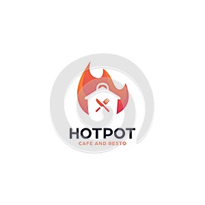Hot spicy cooking pot logo for cafe, restaurant, or catering with fire flame icon vector illustration
