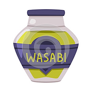 Hot and Spicy Green Wasabi Sauce in Glass Labeled Bottle with Cap Vector Illustration