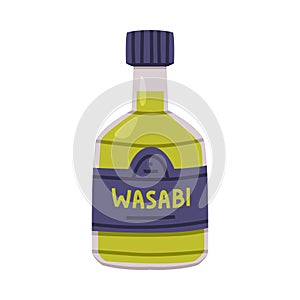 Hot and Spicy Green Wasabi Sauce in Glass Labeled Bottle with Cap Vector Illustration