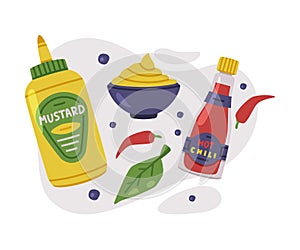 Hot and Spicy Mustard and Chili Sauce in Bottle Vector Composition