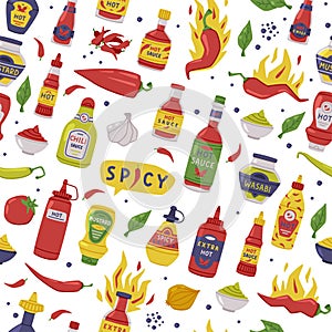 Hot and Spicy Mustard and Chili Sauce in Plastic Bottle with Ingredient Vector Seamless Pattern