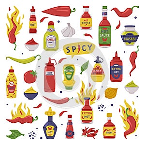 Hot and Spicy Mustard and Chili Sauce in Plastic Bottle with Ingredient Vector Set