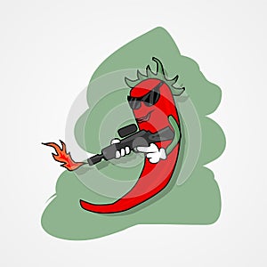 Hot spicy red pepper with fire gun simple flat style vector illustration
