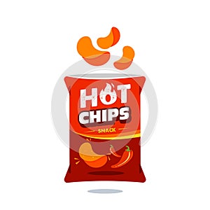 Hot spicy snack chips bag plastic packaging design illustration icon for food and beverage business, potato snack branding element