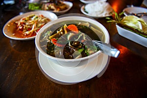 Hot and spicy soup with various vegetables