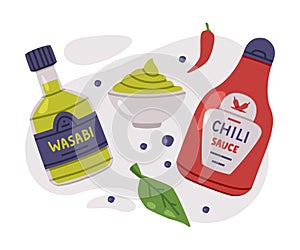 Hot and Spicy Wasabi and Chili Sauce in Bottle Vector Composition