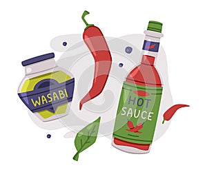 Hot and Spicy Wasabi and Chili Sauce in Bottle Vector Composition