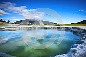 a hot spring with an active volcano in the distance