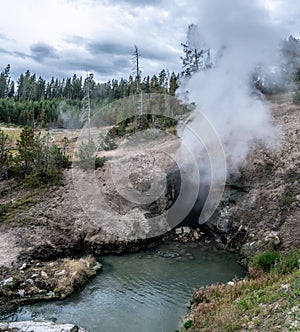 Hot spring and geiser in yellowstone national par photo