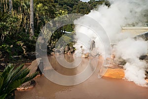 Hot spring water, red pond in Umi Jigoku at Beppu, Oita-shi, Kyushu, Japan