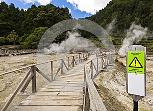 Hot springs and fumaroles at the edge of lagoa das Furnas, Sao Miguel, Azores Islands.