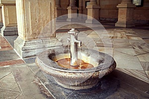 Hot springs of thermal water in the Mill Colonnade or Mlynska kolonada in spa Karlovy Vary, Czech Republic