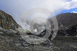 Hot steam escaping from vents on White Island, New Zealand`s most active cone volcano