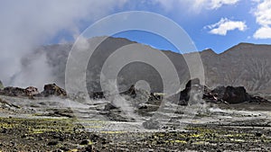 Hot steam escaping from vents on White Island, New Zealand`s most active cone volcano