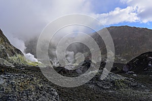 Hot steam escaping from vents on White Island, New Zealand`s most active cone volcano