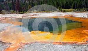 Hot steam rising off Emerald Pool hot spring in the Black Sand Geyser Basin in Yellowstone National Park in Wyoming USA