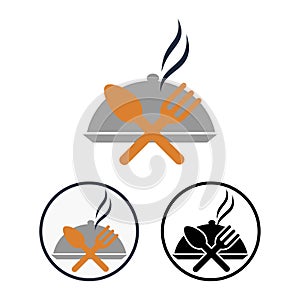 Hot steaming dish icon with crossed spoon and fork. Set of black and white and color simple flat vector cliparts of the crockery.