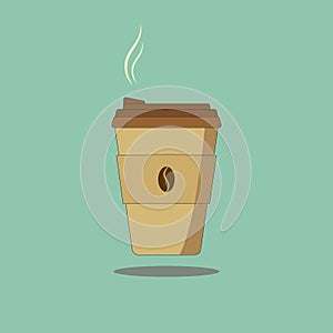 Hot steamy coffee to go in recyclable reusable brown paper cup with lead shadow floating on turquoise background