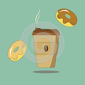 Hot steamy takeaway coffee with chocolate and caramel glazed donuts. Brown paper cup