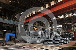 Hot steel in the steel mill workshop production line