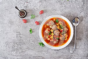 Hot stew tomato soup with meatballs and vegetables