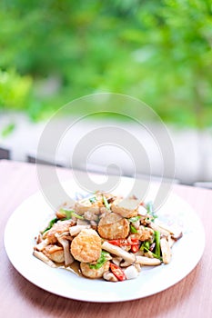 The hot stir fried tofu and pork and mushroom with black bean sauce serve on white dish set on brown table - homemade food concept