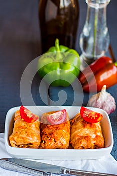 Hot stuffed cabbage with meat and tomatoes Ukrainian cuisine