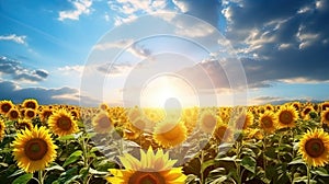 Hot summer Bright sun above the fields of sunflowers