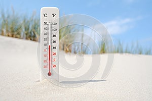 Hot summer day. Celsius and fahrenheit scale thermometer in the sand. Ambient temperature plus 11