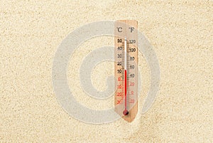 Hot summer day. Celsius and fahrenheit scale thermometer in the sand. Ambient temperature plus 14