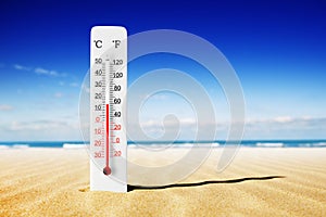 Hot summer day. Celsius and fahrenheit scale thermometer in the sand. Ambient temperature plus 15
