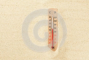 Hot summer day. Celsius and fahrenheit scale thermometer in the sand. Ambient temperature plus 16