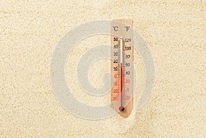 Hot summer day. Celsius and fahrenheit scale thermometer in the sand. Ambient temperature plus 20