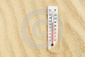 Hot summer day. Celsius and fahrenheit scale thermometer in the sand. Ambient temperature plus 28