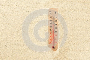 Hot summer day. Celsius and fahrenheit scale thermometer in the sand. Ambient temperature plus 30