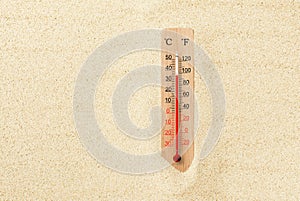 Hot summer day. Celsius and fahrenheit scale thermometer in the sand. Ambient temperature plus 35