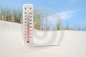 Hot summer day. Celsius and fahrenheit scale thermometer in the sand. Ambient temperature plus 39
