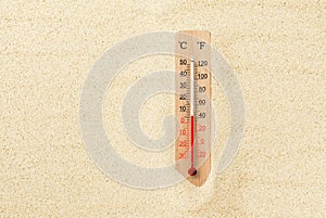 Hot summer day. Celsius and fahrenheit scale thermometer in the sand. Ambient temperature plus 6