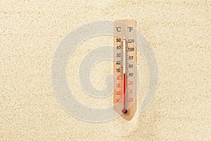 Hot summer day. Celsius and fahrenheit scale thermometer in the sand. Ambient temperature plus 8