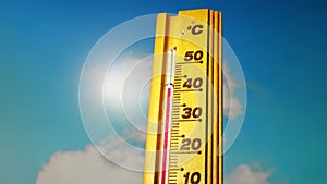 Hot summer day, the thermometer displays a high heatwave temperature of 40 degrees Celsius.