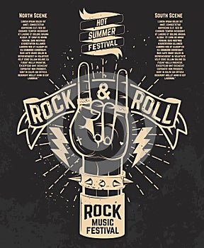 Hot summer festival. Human hand with rock and roll sign. Rock mu