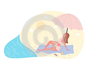 Hot summer outdoor recreation on sand beach. Woman sunbathing near coastline. Vector illustration summer time vacation