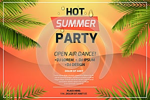 Hot summer party invitation concept. Text on sunset background. Frame of tropical leaves. Colorful vector template for