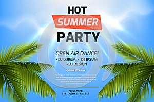 Hot summer party invitation concept. Text on tropic background. Blue sky and palm leaves. Open air illustration