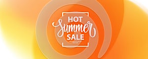 Hot Summer Sale promotional banner. Summertime commercial background with hand lettering.