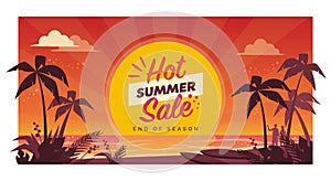 Hot summer sale promotional banner with tropical beach