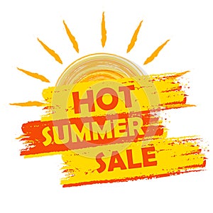 Hot summer sale with sun sign, yellow and orange drawn label