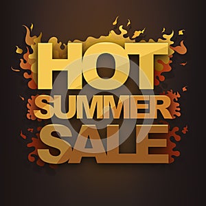 Hot summer sale. Typographic design, flames, fire. Business banner, poster, flyer, marketing, advertising. Burning font, dark