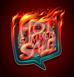 Hot summer sale, vector banner design with burning letters