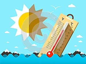 Hot Summer Temperature. Thermometer in Sea